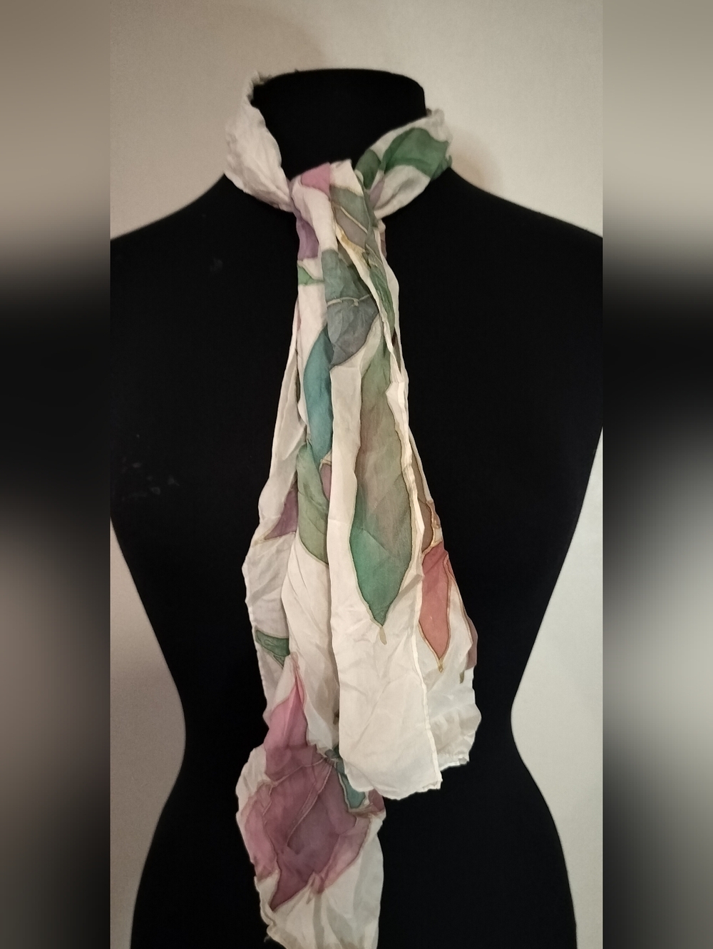 White Scarf with Pastel Pink & Green Leaf Pattern